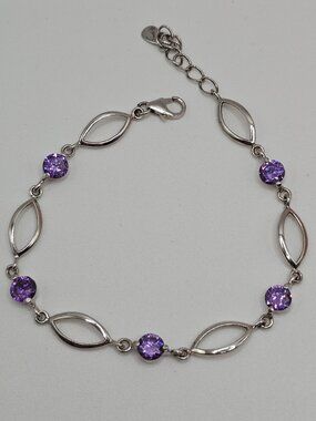 Sterling Silver 925 Rhodium Plated Amethyst Purple CZ Oval Link Bracelet